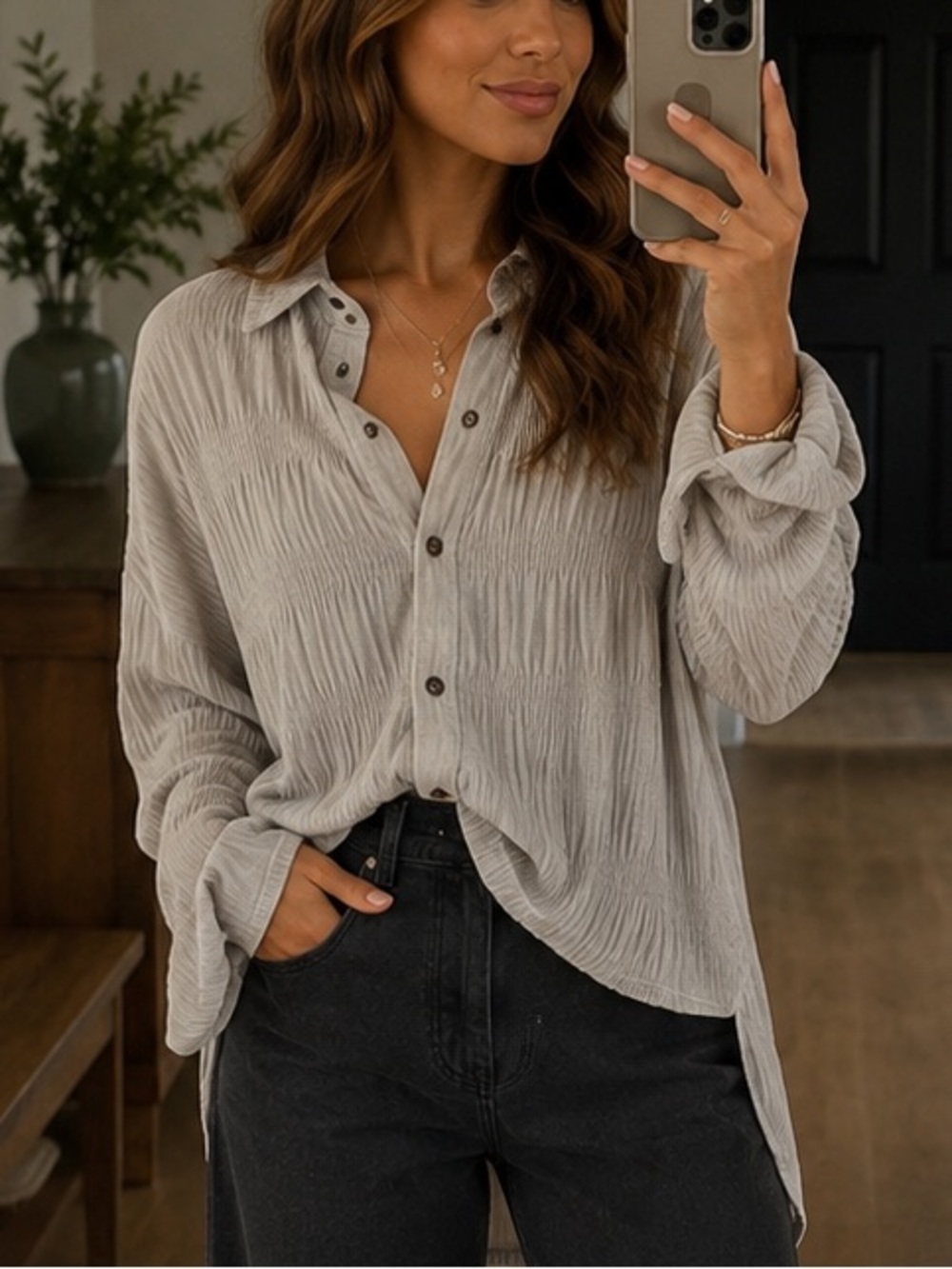 FREE PEOPLE My Best Velvet Crinkle Button Shirt Gray Oversized Sz M